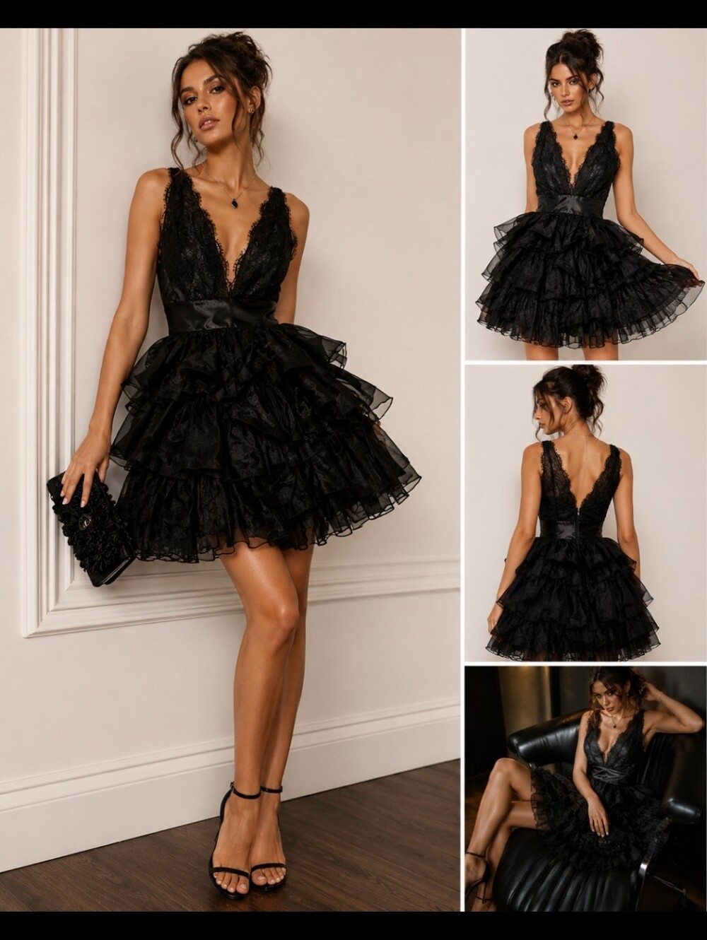 BCBGMAXAZRIA Y2K Black Silk Lace Ruffle Tiered Cocktail Dress Sz 6 Fairycore